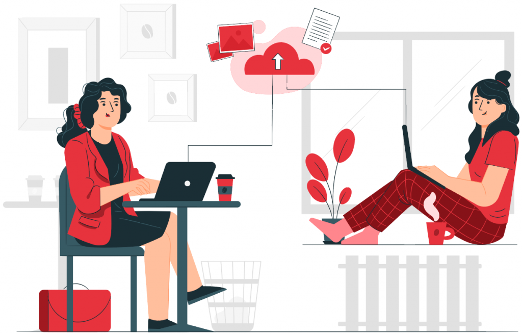 Same woman working from two places while connected to the cloud