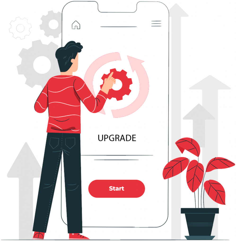 man with giant phone clicking on upgrade icon