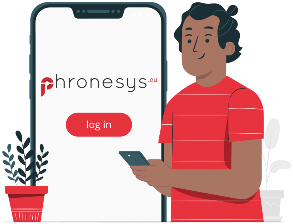 man holding phone login screen phronesys