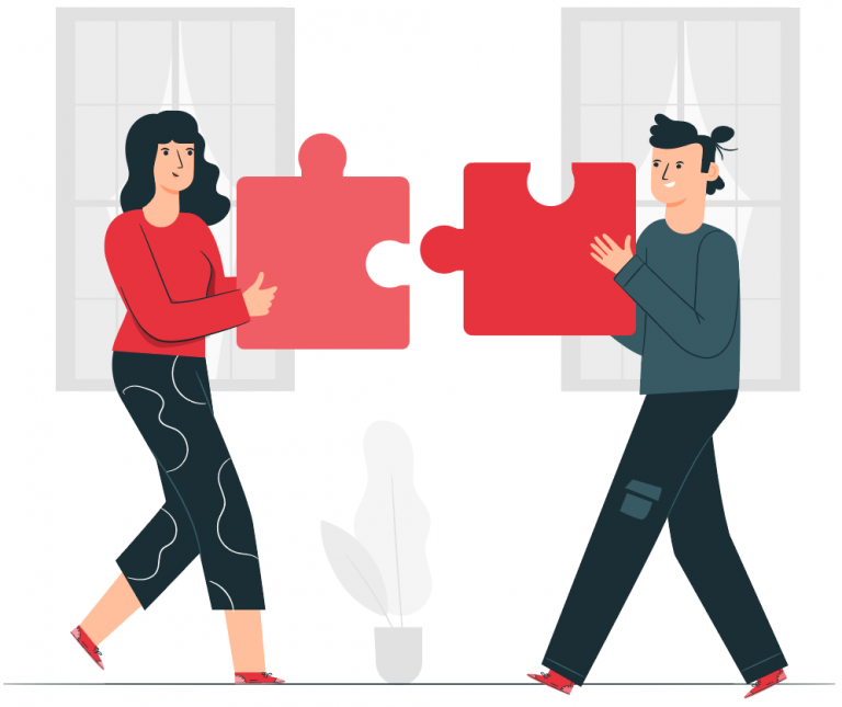 two people with puzzle pieces coming towards each other