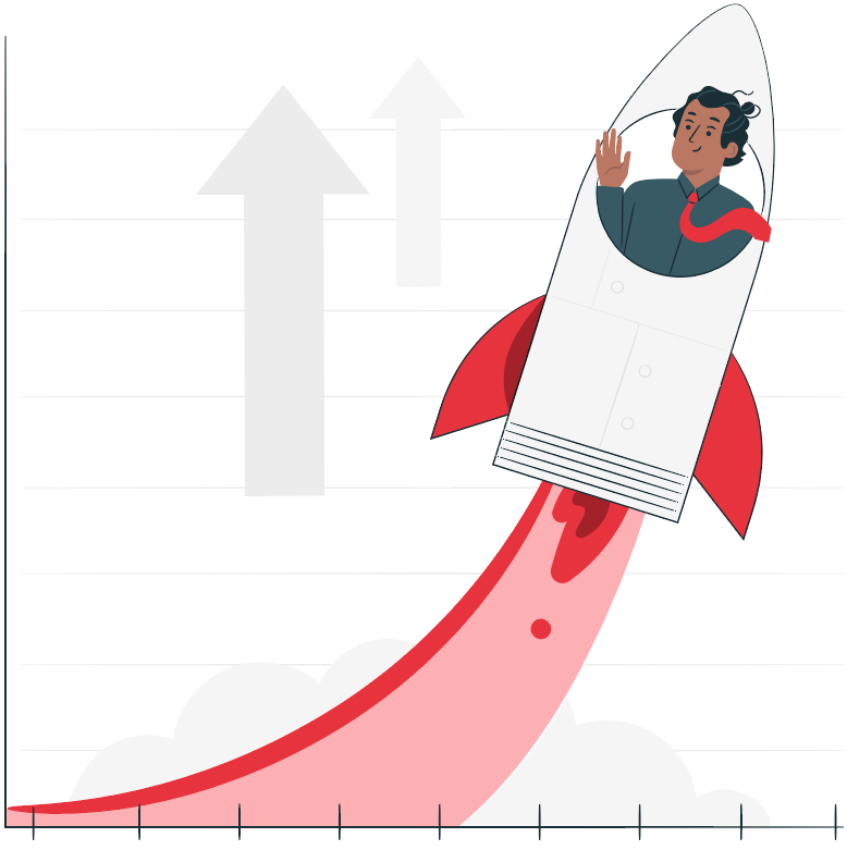 man in rocket forming graph going upwards