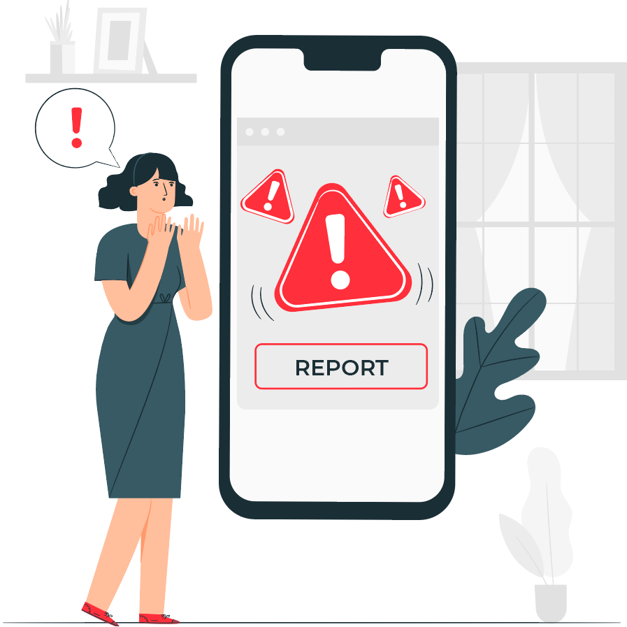 woman gasping in shock looking at phone with danger triangles and button report